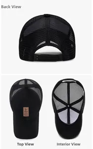 Detailed views of black mesh baseball cap with leather patch and adjustable buckle strap