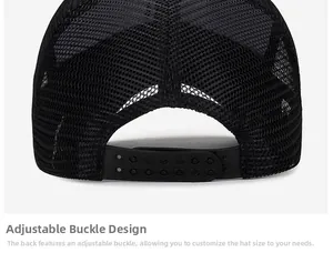 Detail view of the black mesh trucker hat showing the adjustable snapback closure