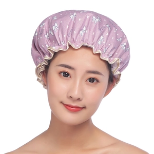 Waterproof double-layer shower cap with purple bow print and ruffle elastic band