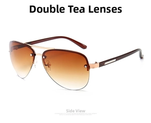 Side view detail of aviator sunglasses with brown gradient lenses and golden metal frame