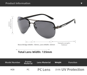 Size chart for semi-rimless pilot sunglasses with precise lens and frame dimensions