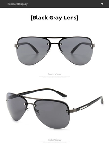 Front and side view of classic pilot sunglasses with black metal frames and dark grey lenses