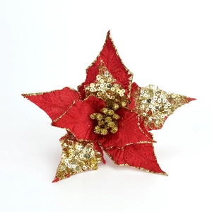 Red poinsettia Christmas flower with gold sequins and glitter for festive DIY decor