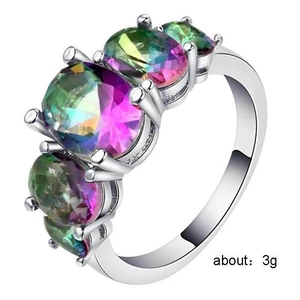 Silver ring featuring four oval rainbow mystic cubic zirconia stones, weight about 3g
