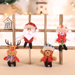 Mini Christmas plush ornaments set featuring Santa, Snowman, Deer and Bear on a wooden rack