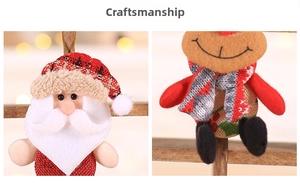 Close-up of handmade Santa and reindeer plush ornaments with knitted details and felt texture