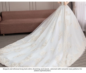 Detailed macro view of the intricate champagne lace embroidery and multi-layer tulle train