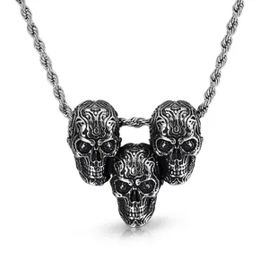 Retro Triple Skull Pendant Stainless Steel Hip Hop Punk Gothic Streetwear Accessory For Men