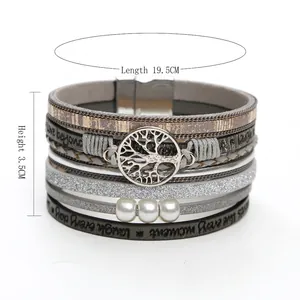 Bohemian multilayer leather wrap bracelet with Tree of Life charm and white pearls