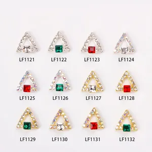 Set of 12 triangle alloy nail art charms with colorful square gemstones in gold and silver