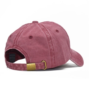 Distressed washed cotton baseball cap in burgundy with adjustable metal buckle back view