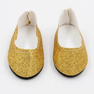 Golden sequin flat doll shoes for 18-inch American Girl dolls with shimmering glitter finish