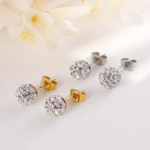 Fashion titanium steel sphere stud earrings set with full sparkling rhinestones in gold and silver