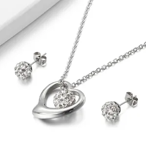 Hollow Heart Necklace And Rhinestone Ball Stud Earrings Stainless Steel Fashion Elegant For Women