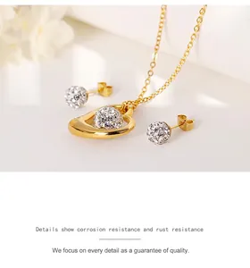 Detail of gold titanium heart necklace and sparkling rhinestone earrings set