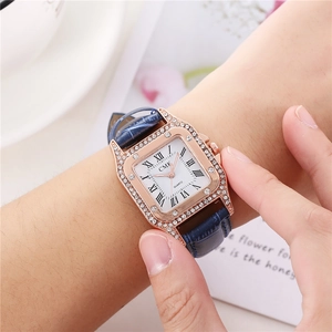 Elegant ladies quartz watch with square crystal case, Roman dial and blue leather strap