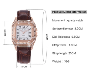 Infographic showing rose gold square rhinestone watch specs with brown leather strap