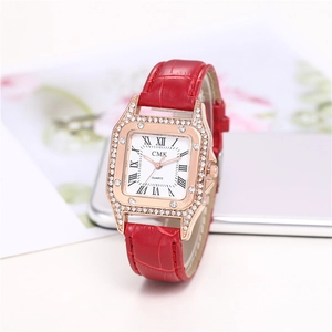 Women's square quartz watch with red crocodile leather strap and crystal rose gold case