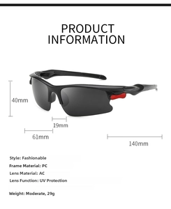Detailed dimension chart of lightweight black outdoor sports sunglasses with UV protection