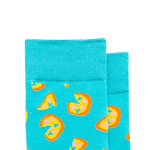 Türkisfarbene Strickstrümpfe mit buntem Pizzamuster und gerippten Bündchen für Damen und Herren