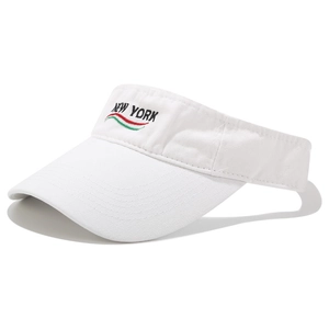 Detail view of NEW YORK embroidery on white washed sun visor with green and red wave accent