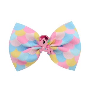 Rainbow gradient mermaid bow hair clip with pink unicorn resin charm for girls