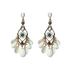 Vintage gold-tone baroque drop earrings with white resin pearls and rhinestone tassels