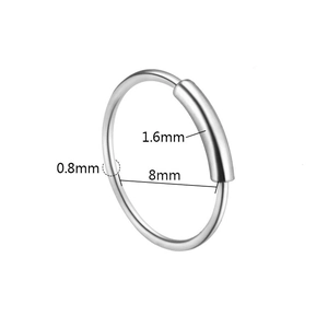 Detailed size chart for stainless steel nose hoop showing 8mm diameter and 0.8mm wire gauge