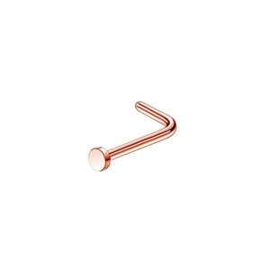 Macro view of L-shaped rose gold stainless steel nose stud on a white background
