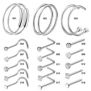 Set of 18 stainless steel nose rings and studs in various styles on white background
