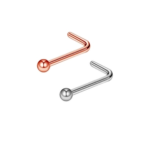 L-shaped stainless steel nose studs in rose gold and silver finishes on white background