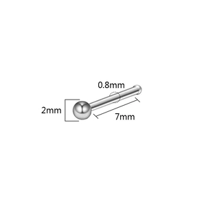 Detail view of silver stainless steel nose stud with 2mm ball and 0.8mm gauge measurements