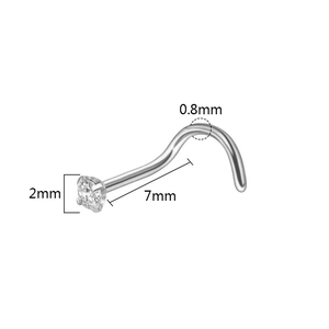 Detail showing 0.8mm gauge stainless steel nose stud with 2mm clear zircon stone