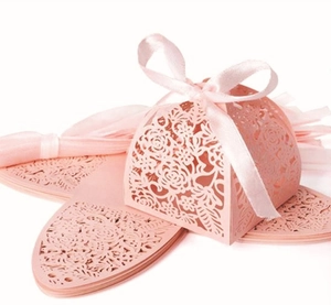 Detail of pink laser-cut candy box with floral patterns and matching satin ribbon bow