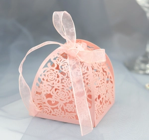 Detailed laser-cut rose pattern on pink pearlescent gift box with organza ribbon bow
