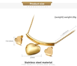 Detailed view of heart-shaped stainless steel jewelry set with exact size dimensions