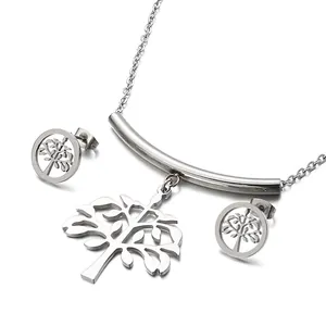 Tree Of Life Stainless Steel Jewelry Set Necklace And Stud Earrings Hollow Cutout Minimalist Fashion Jewelry For Women