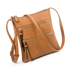 Detailed view of brown PU leather crossbody bag with triple front zippers and smooth texture