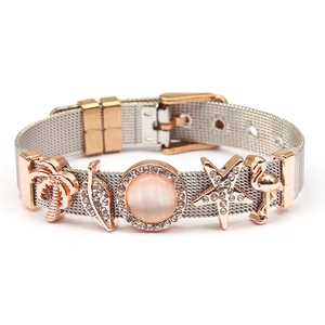Silver stainless steel mesh bracelet with rose gold charms like coconut tree and flamingo