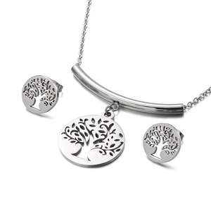 Elegant silver tree of life necklace and earrings set on a minimalist white background