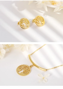 Detail of golden tree of life jewelry set including stud earrings and necklace