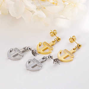 Titanium steel anchor earrings with sparkling zircon in gold and silver set