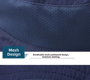 Close-up of navy blue breathable mesh stitching and durable double-stitched outdoor fabric