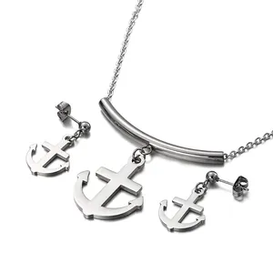 Anchor Pendant Necklace And Earrings Stainless Steel Nautical Theme Fashion Jewelry For Women Polished Elegant Style