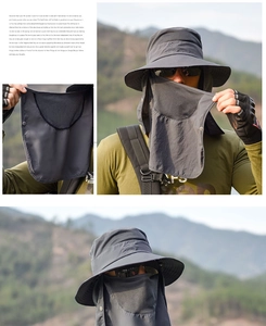 Detail of outdoor sun hat with detachable face cover and neck flap for fishing