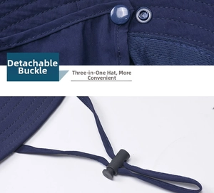 Detail of the detachable snap and adjustable windproof drawstring on the navy sun hat