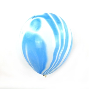 Detailed view of a 12-inch thickened balloon with blue and white marble onyx pattern texture
