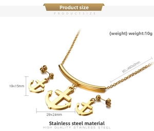 Detailed close-up of gold stainless steel nautical anchor necklace and earrings jewelry set