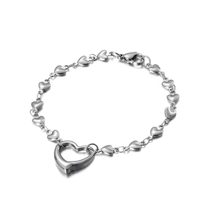 Polished silver stainless steel heart chain bracelet with a large hollow heart pendant