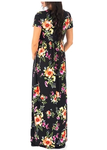 Back view of high-waist floral maternity maxi dress with colorful flower print in black